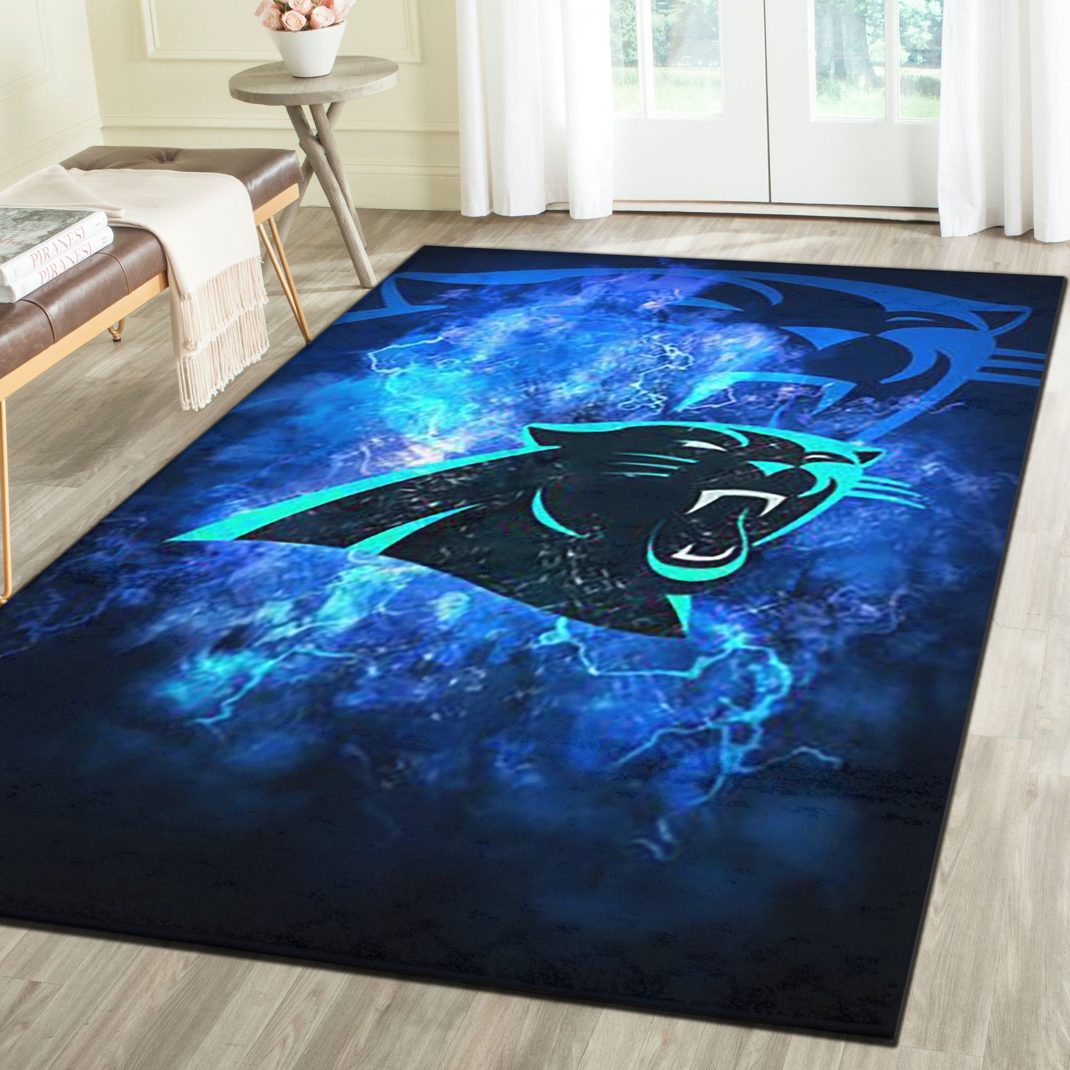 Carolina Panthers Logo Area Rug, Football Team Living Room Bedroom Carpet, Sports Floor Mat Home Decor