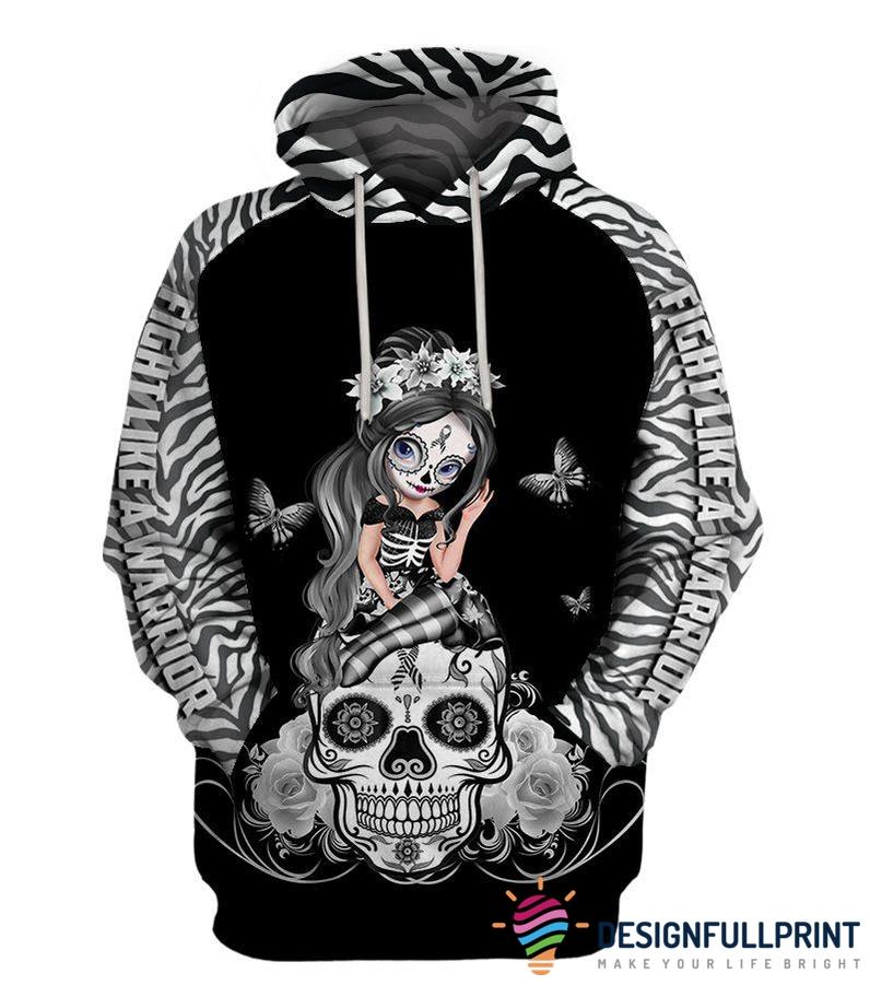 Skull Gift Fight Like A Warrior™ Zebra Rare Disease  Sugar Skull Girl Awareness Hoodie