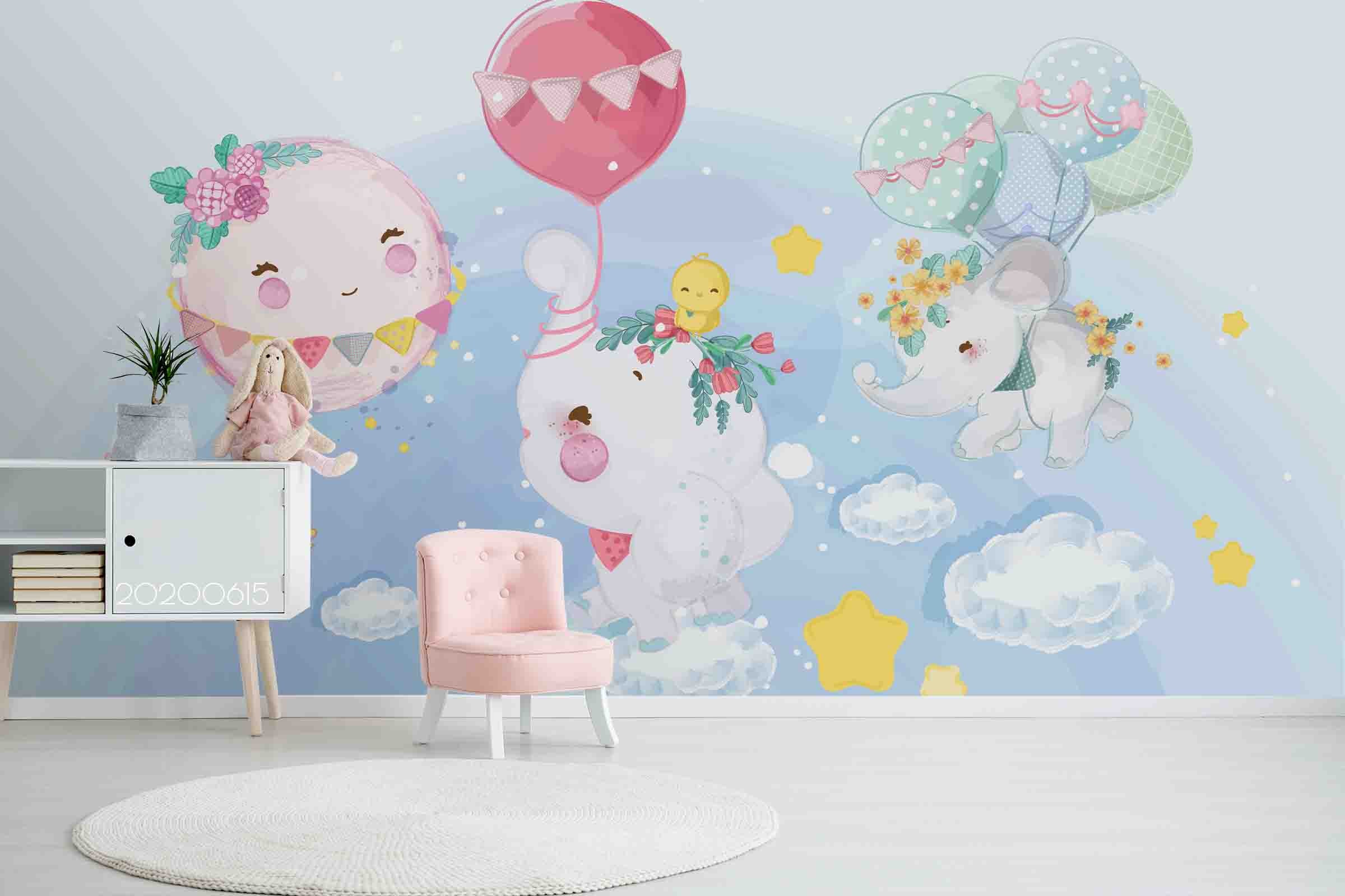 3D Watercolor Floral Balloon Elephant Wall Mural Wallpaper Lxl 43