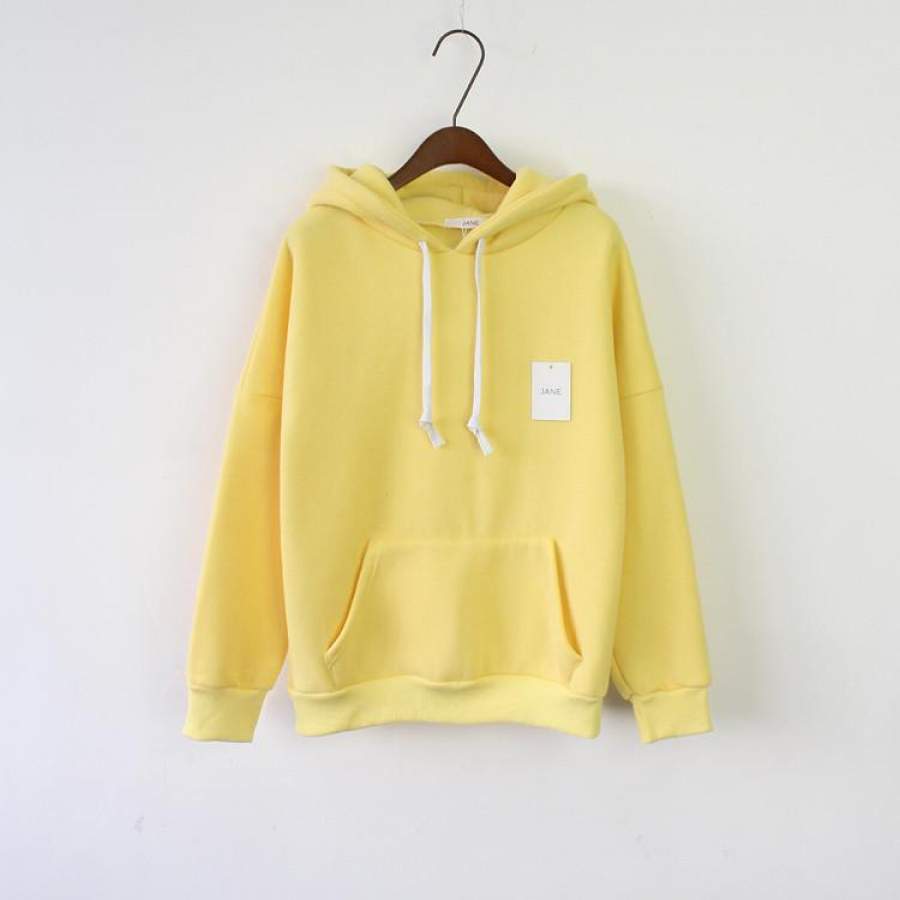 Women’s Long Sleeve Light Yellow Casual Harajuku Winter Hooded Sweatshirt Pocket Design Pullover Hoodie