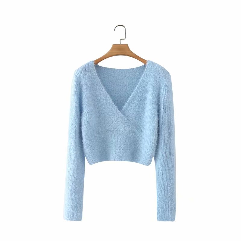 blue autumn slim sweater women long sleeve v neck slim sexy criss cross sweater knitwear ladies short sweater alx