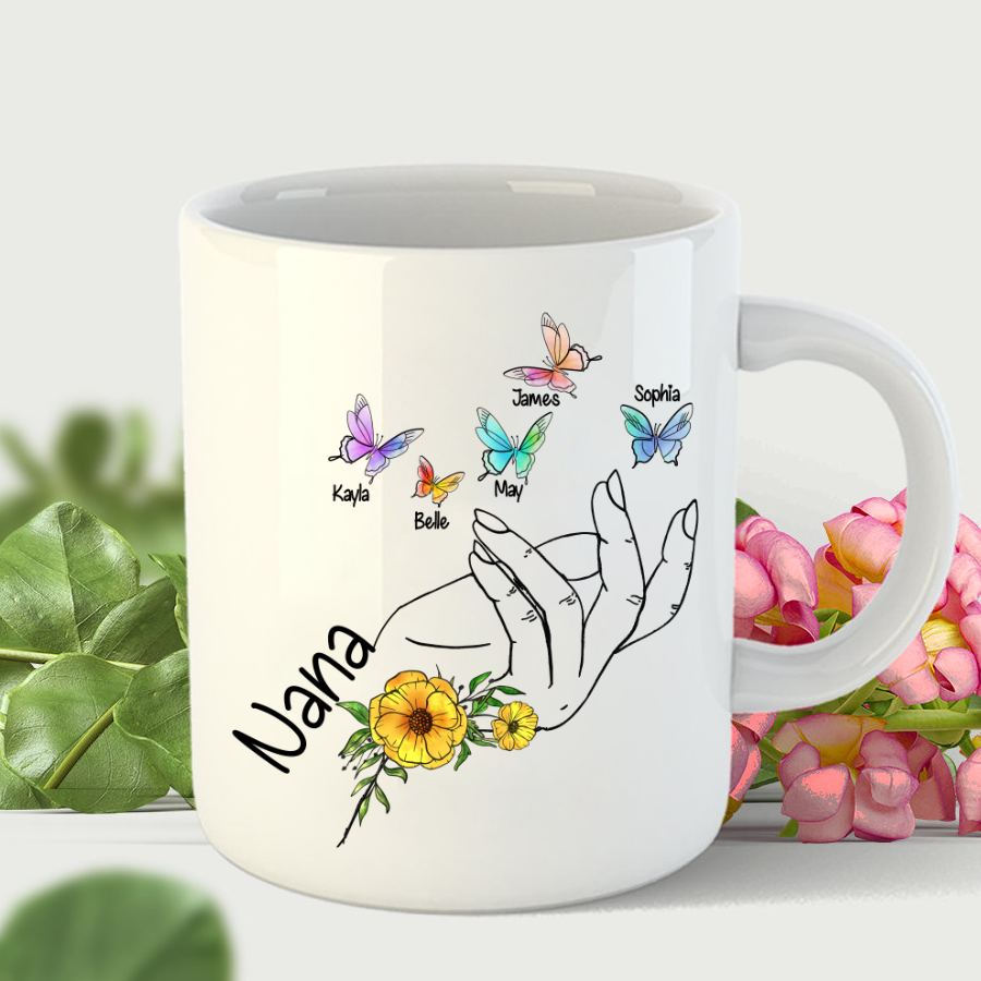 Grandma And Grandkids Flower Hands Butterfly Mug