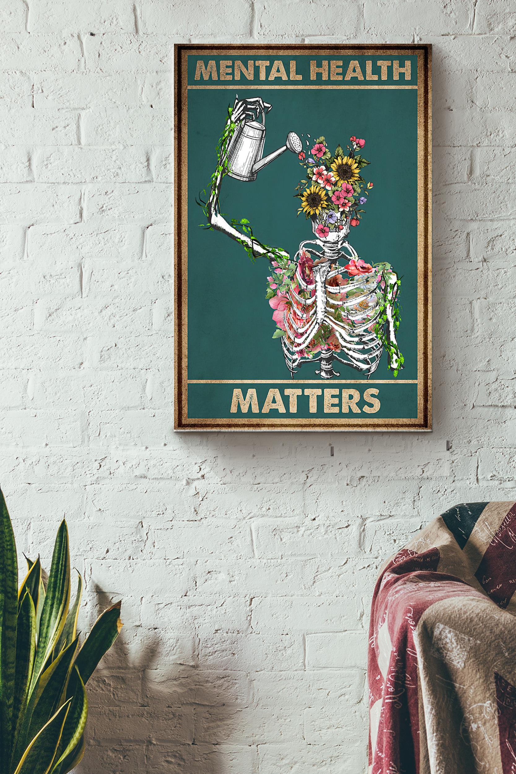 Mental Health Matters Skeleton Flowers Poster Wrapped Canvas