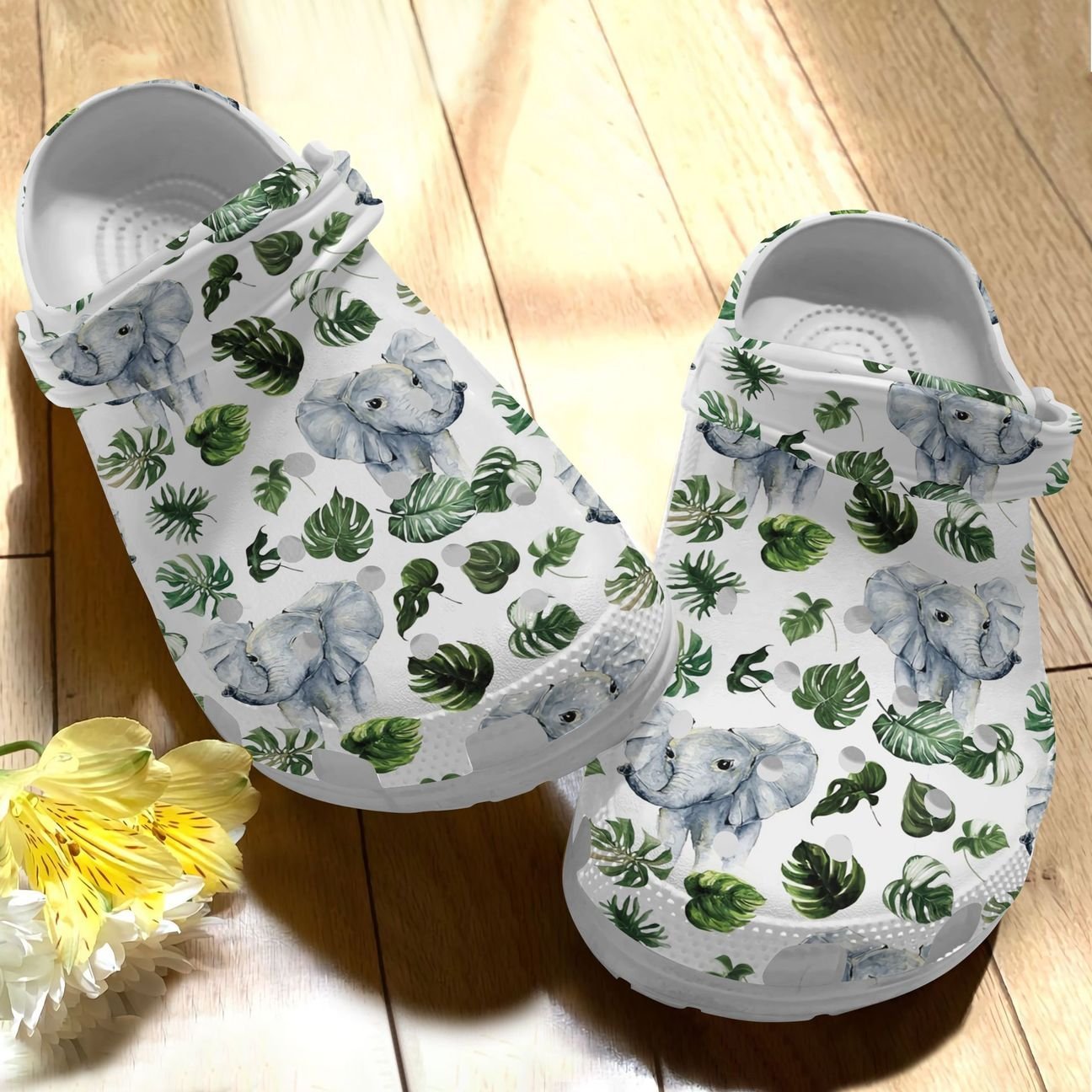 Elephant Personalize Clog, Custom Name, Text, Fashion Style For Women, Men, Kid, Print 3D Whitesole Elephant Pattern V1