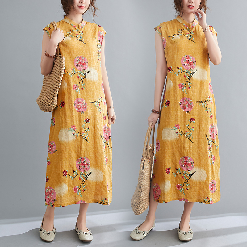 2022 New Arrival Thin Soft Short Sleeve Loose Summer Dress Print Floral Beading Vintage Chinese Style Dress Women Casual Dress alx