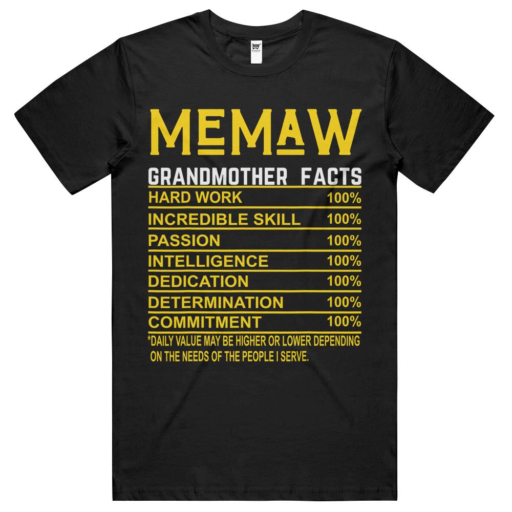 Nutritional Facts Shirt, Nutrition Facts T Shirt, Memaw Grandmother Facts Funny Nutritional Fact T Shirts