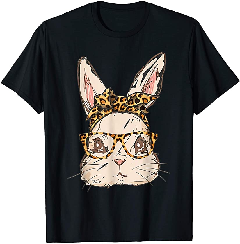 Cute Bunny Face Shirt Leopard Print Glasses Bandana Easter T-Shirt