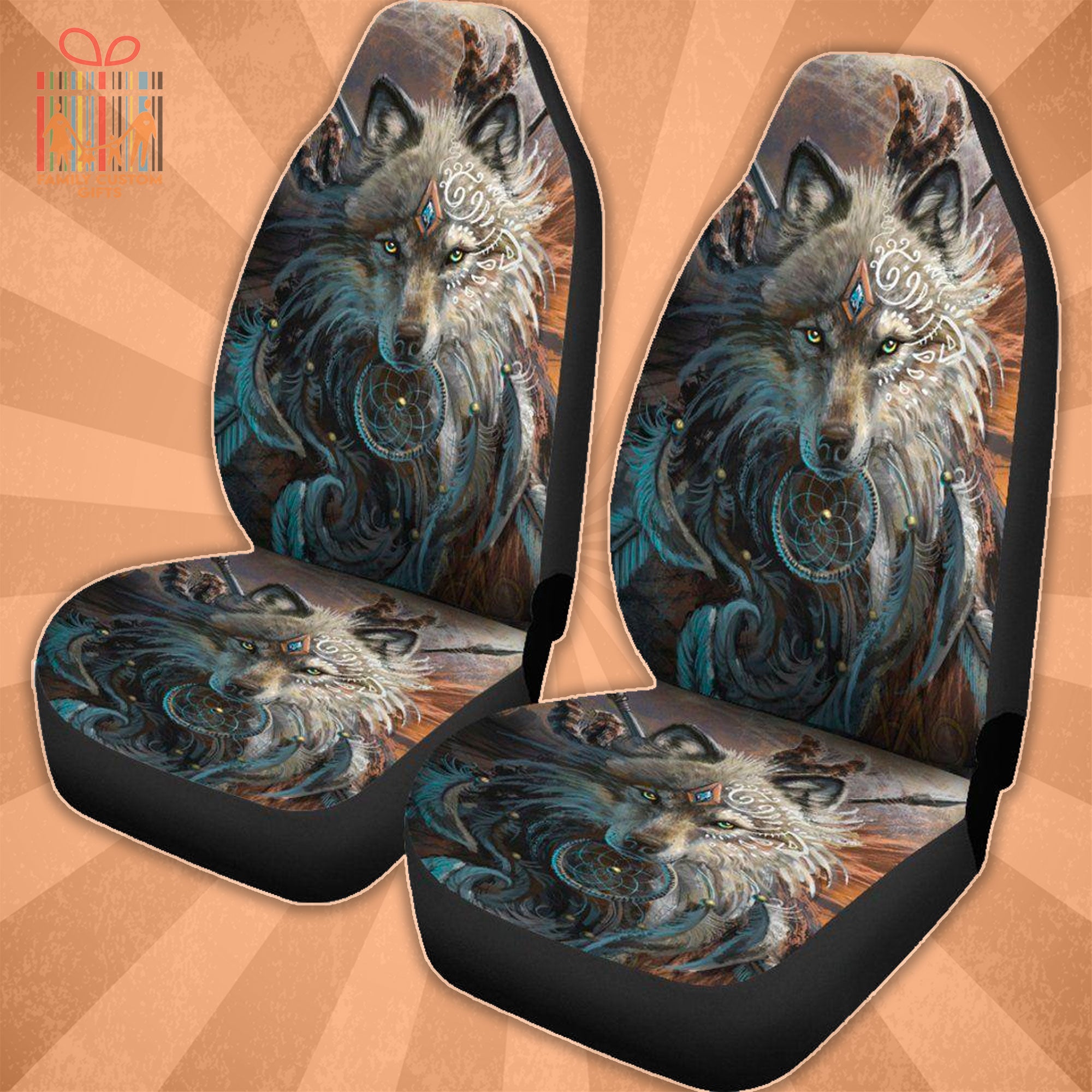 Wolf Dreamcatcher Custom Car Seat Cover Indian Dream Catcher Animal 3D Seat Covers  For Cars