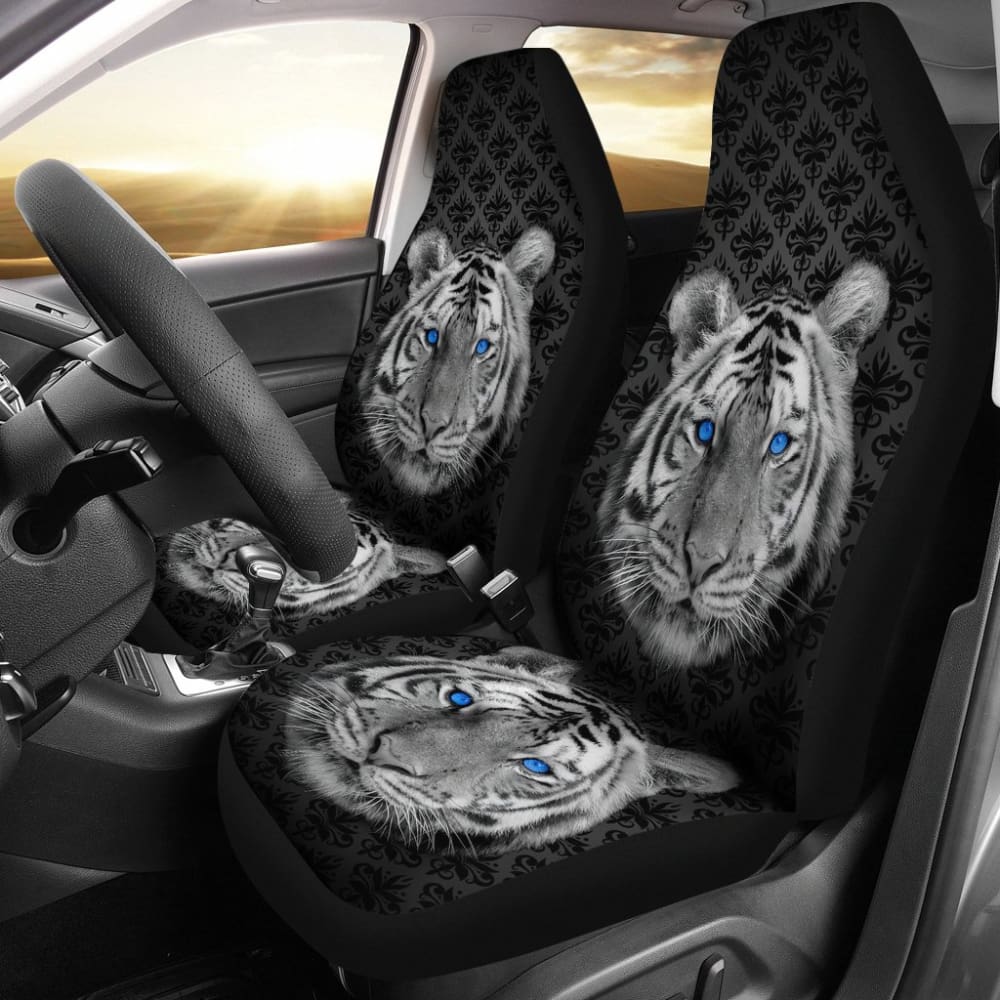 White Tiger Blue Eyes Amazing Black Background Car Seat Covers 210102