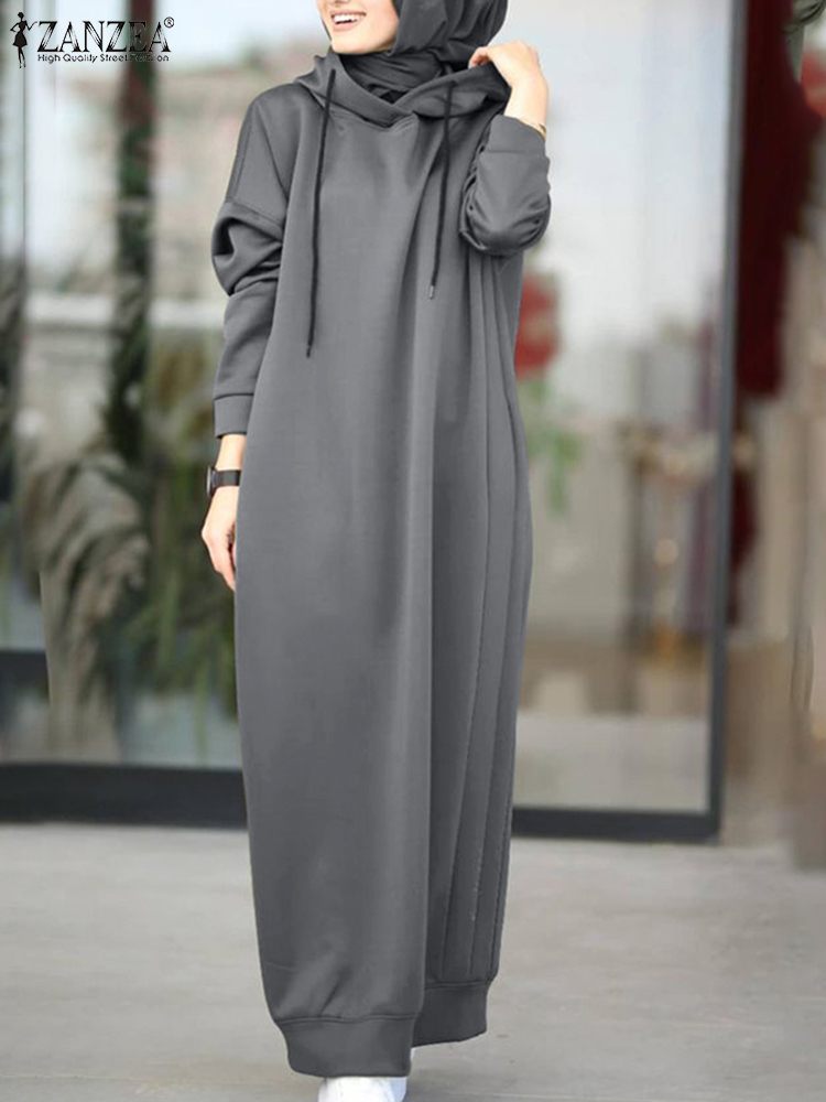 2022 Autumn Women Hoodies Long Sleeve Dress ZANZEA Fashion Winter Sweatshirt Hooded Vestidos Solid Maxi Sundress Robe Femme alx