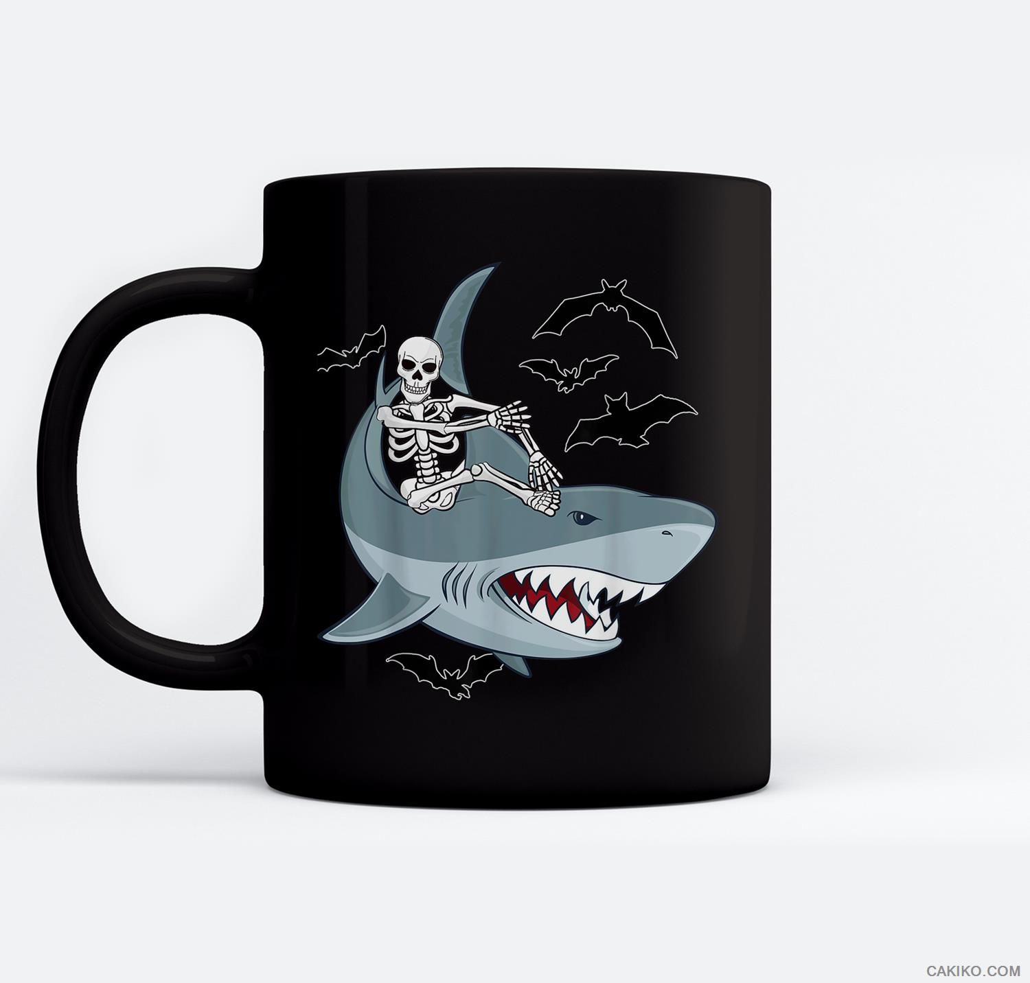 Skeleton Riding Shark Funny Halloween Boys Girls Kids Ceramic Coffee Black Mugs