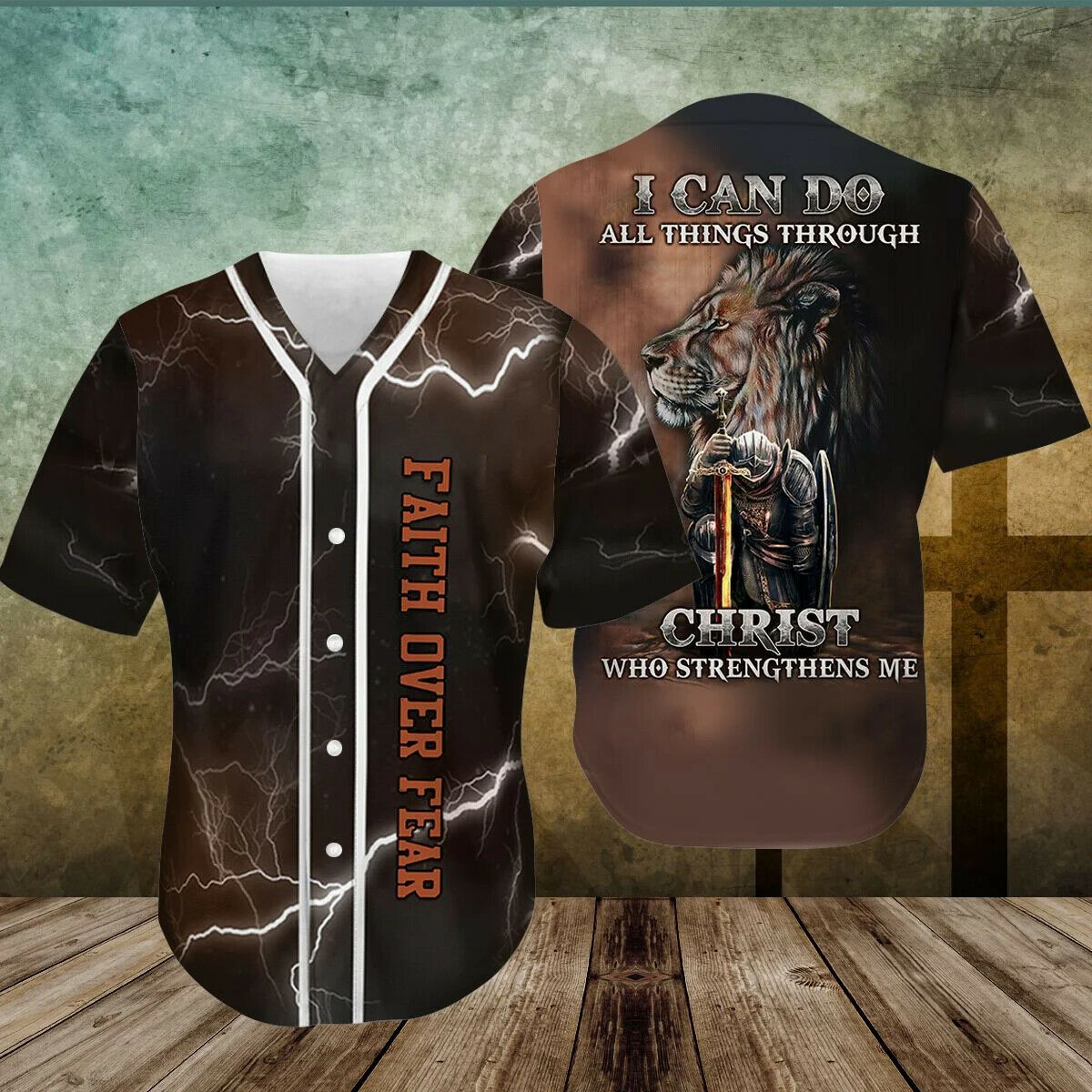 Amazing Lion And The Warrior Of God Unisex Buttoned Baseball Jersey Brown Shirt | Cotton Short Sleeve Baseball Jersey Shirt