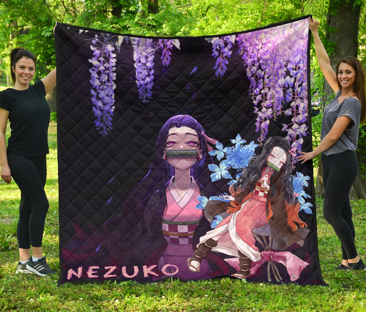 Demon Slayer Anime Premium Quilt | Pretty Nezuko Kamado Purple Flower Theme Quilt Blanket Na090601