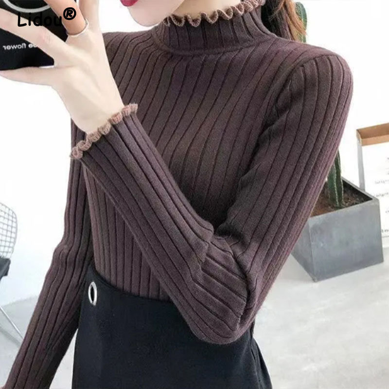 Autumn Winter Solid Color Knitted Long Sleeve Pullovers for Women 2022 New Sweater Soft Ruffles Bottoming Shirt Chic Korean Top alx