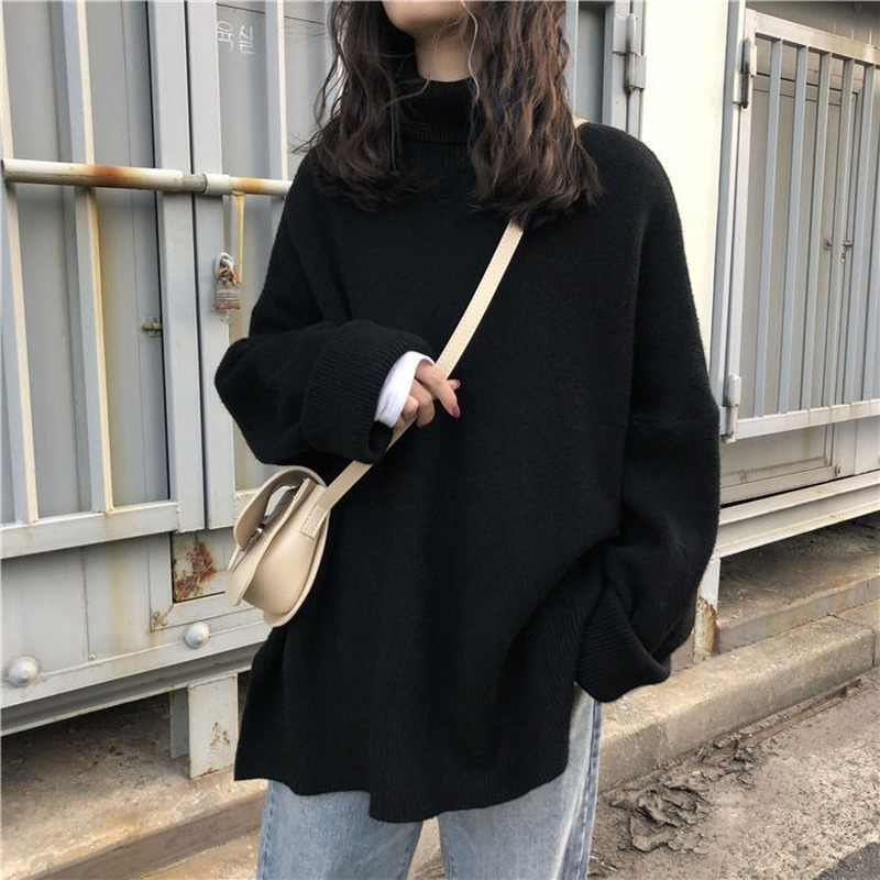 2021 Turtleneck Collar Sweater Women Spring Autumn Solid Knitting Pullovers Oversize Basic Black Blue White Jumper pull femme alx