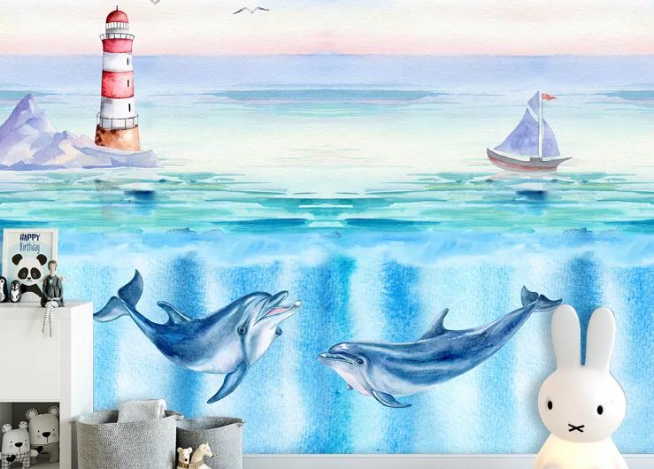 3D Cartoon Dolphin Sea Lighthouse Wall Mural Wallpaper Lqh 526