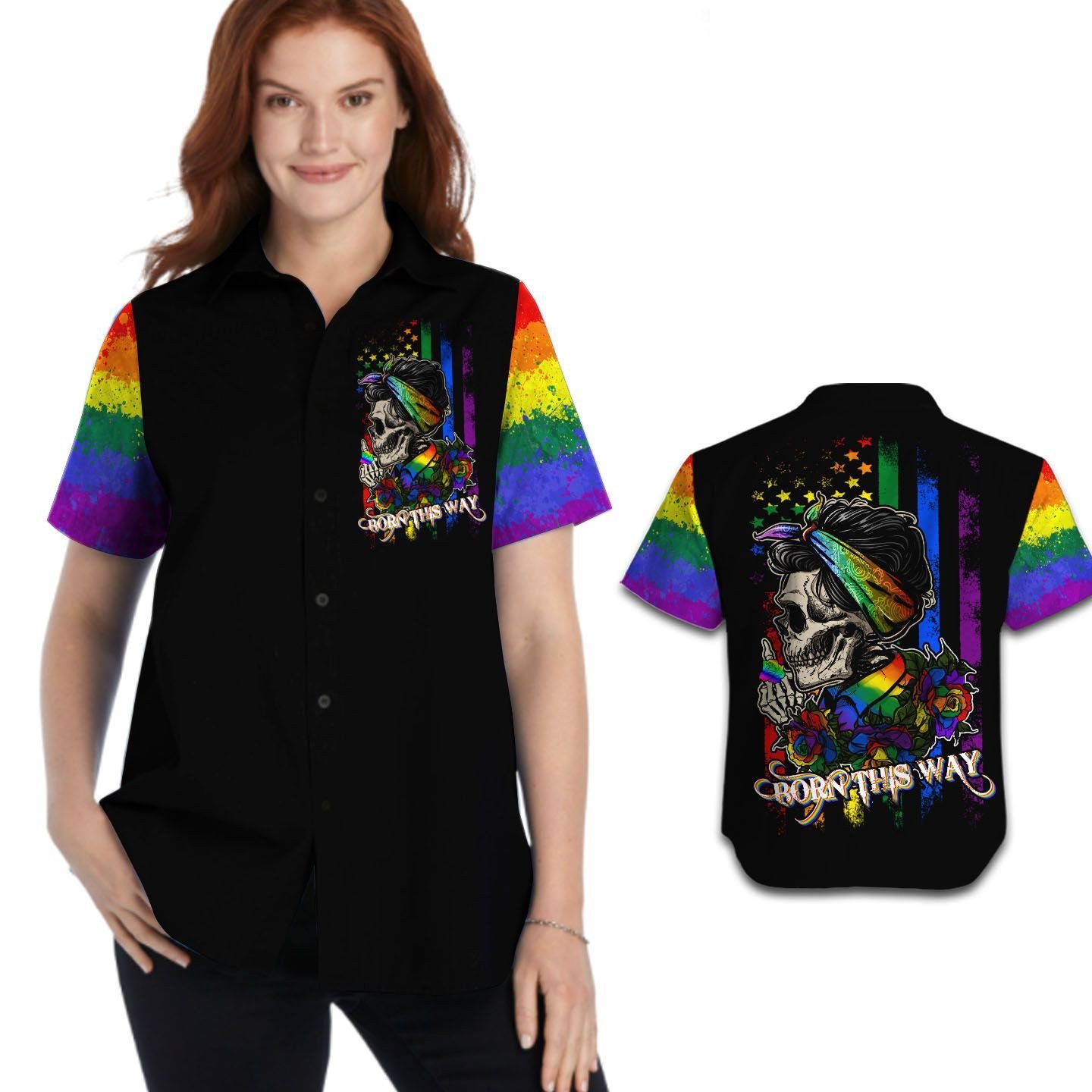 Born This Way Lgbt Flag With Skull Women Hawaiian Shirt For Pride Month