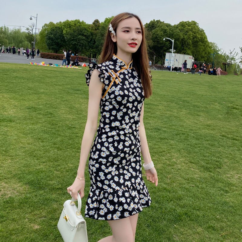 Women Dresses Cheongsam Young Girl’s Mid-Length Dress Vestido De Mujer Femme Robe alx