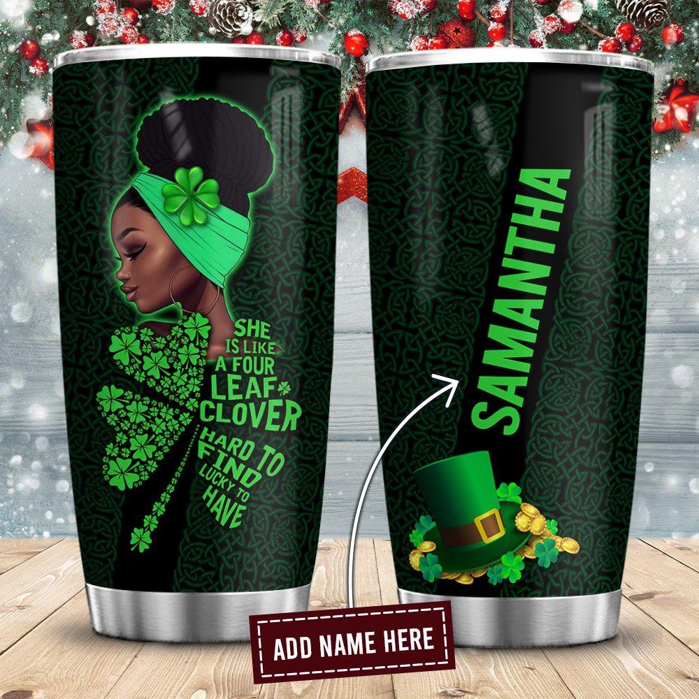 Personalized Melanin Poppin Girl Tumbler Ideas Afro Woman In Four Leaf Clover Patrick Insulated Custom Iced Tumbler Double Wall Cup With Lid Melanin Girl Gift Ideas 20 Oz