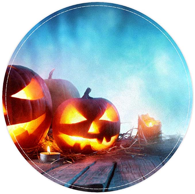 Halloween Pumpkins Wood Spooky Forest, Non Slip Doormat Round Area Rug Carpets Rugs For Kids Bedroom Baby Room Play Room Nursery