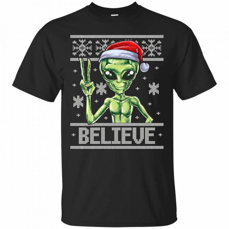 Alien Believe Ugly Christmas Sweater T Shirt Santa Hat X-mas