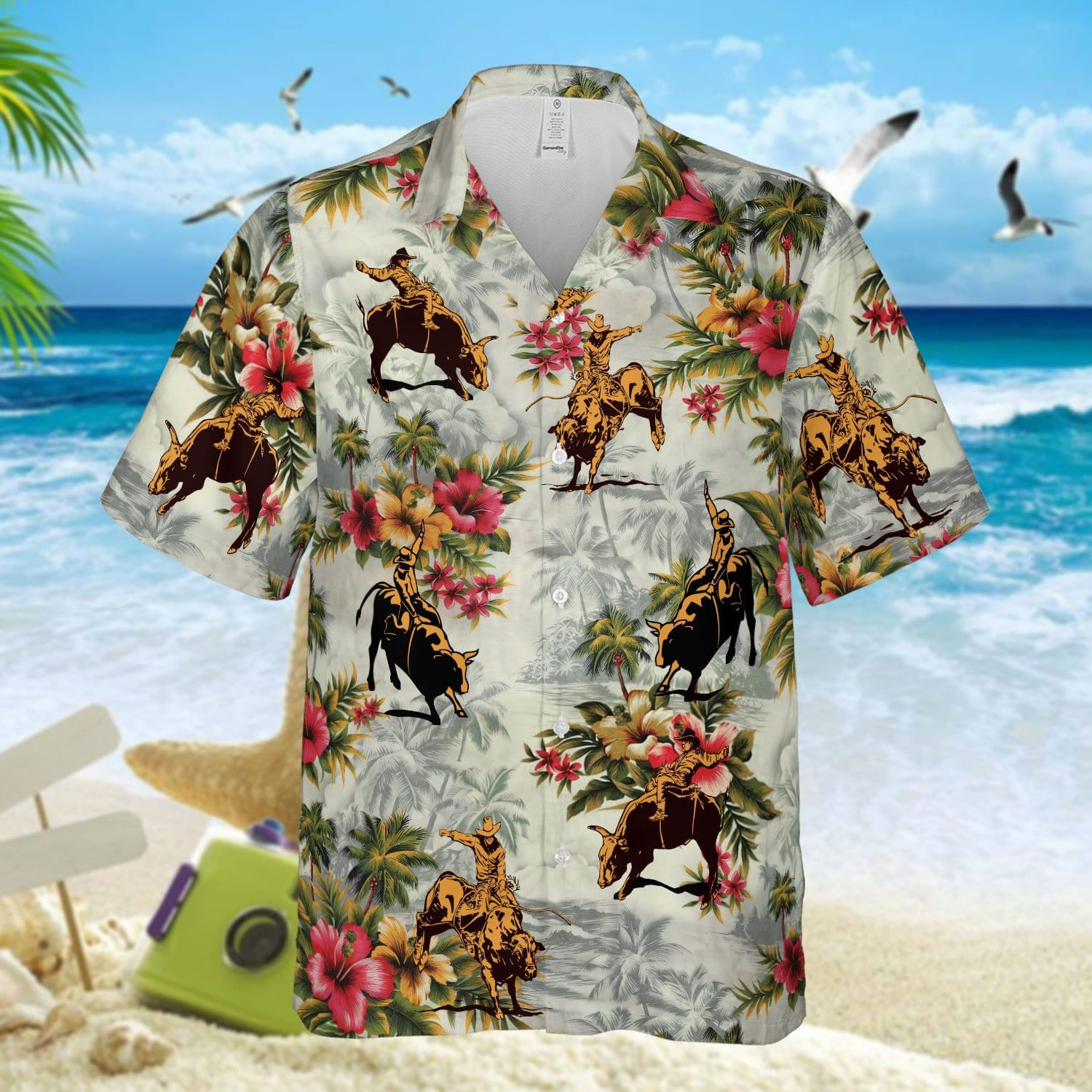 Hawaii Aloha Shirts Bull Riding Flowers Ha35408