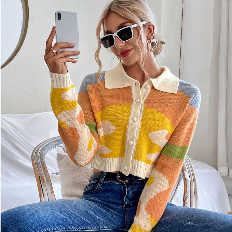 ZQLZ Women Autumn 2021 Cardigan Vintage Style Sunshine Print Short Knitted Sweater Chic Lady Single Breasted Loose Femme Sweater alx