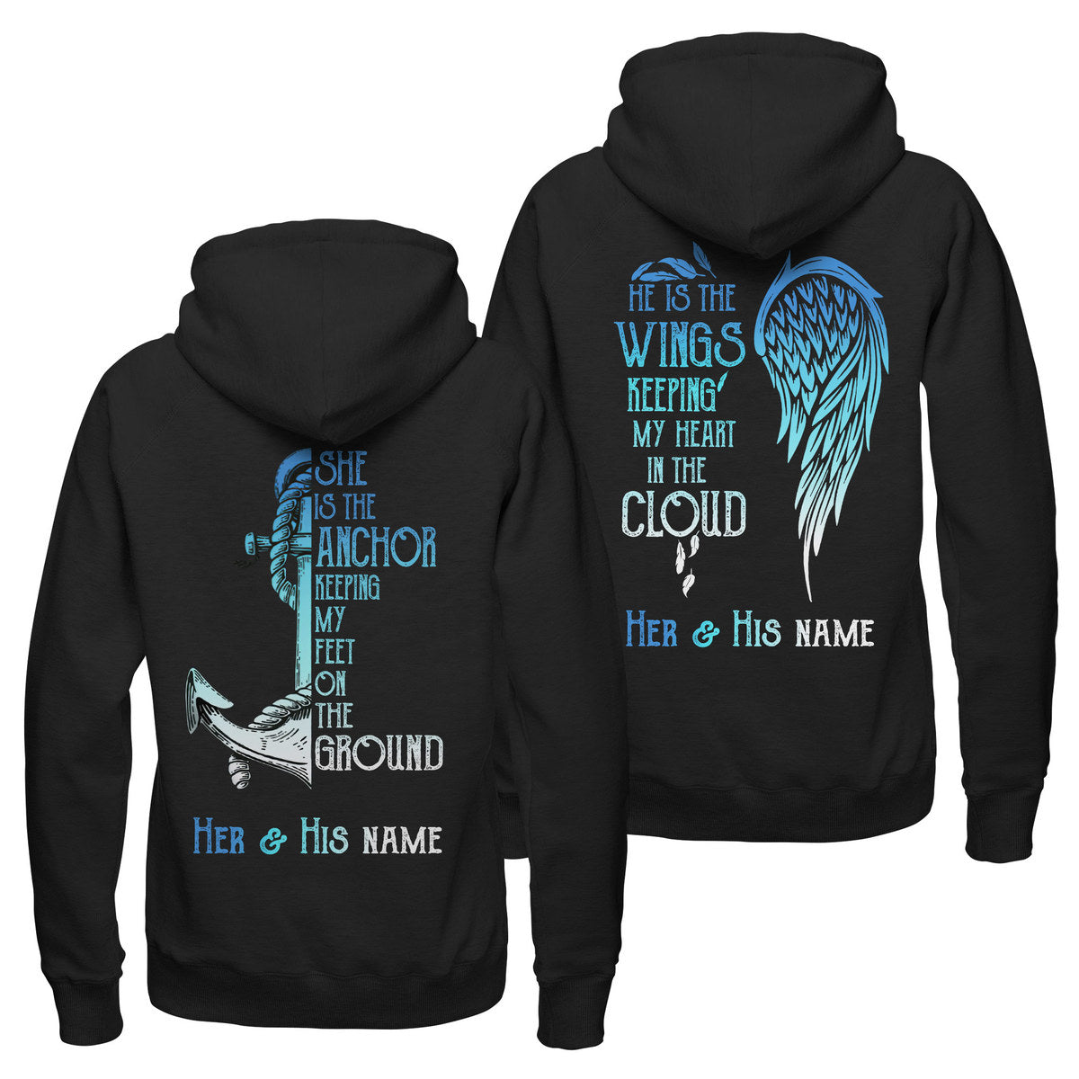 Personalized She Is The Anchor He Is The Wings Shirt, Custom Couple Hoodie, Husband Wife Hoodie, Unisex Hoodie