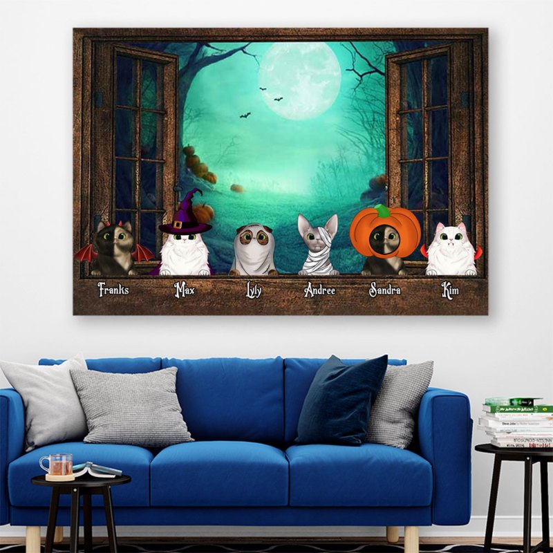 Personalized Halloween Night Cats By The Window Horizontal Canvas/Poster