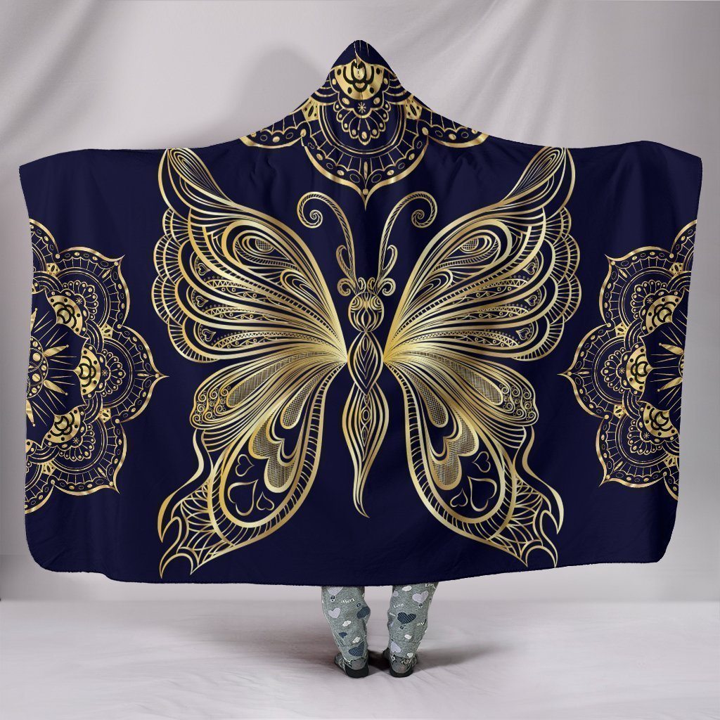 Mandala Gold Butterfly Hooded Blanket Gift For Butterfly Lover