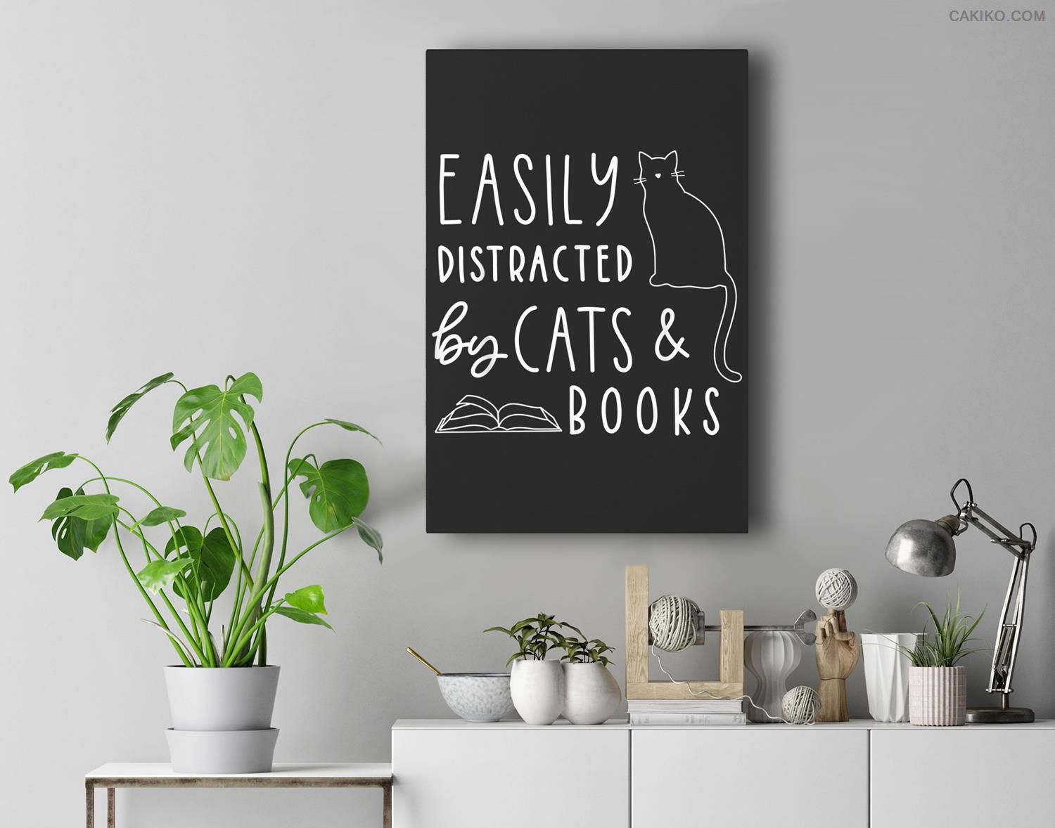 Easily Distracted Cats And Books Funny Gift For Cat Lovers Premium Wall Art Canvas Decor