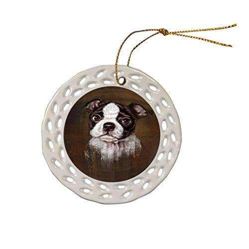 Rustic Boston Terrier Puppy Ceramic Doily Ornament Dpor48211