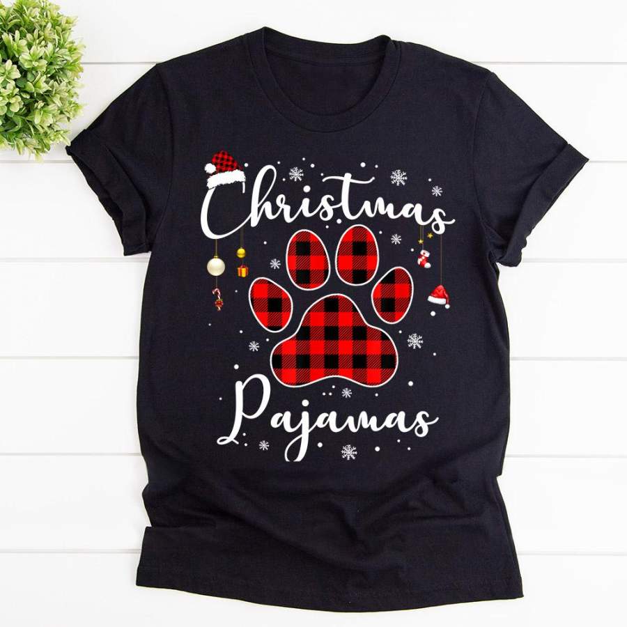 Christmas pajamas dog lover red plaid dog paw print ornament candy cane black cotton t shirt for men and women S-6XL