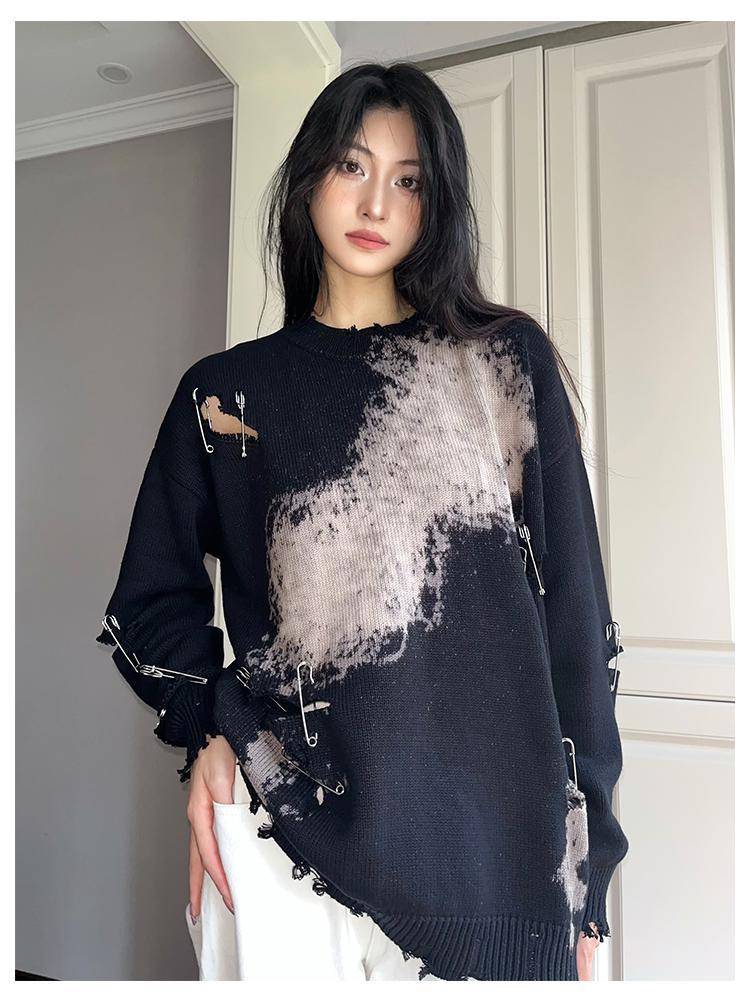 Yedinas Tie Dye Hollow Out Sweater Women Long Sleeve Y2k Korean Style Knitted Pullover Pin Hole Ladies Jumper Autumn Winter Tops alx