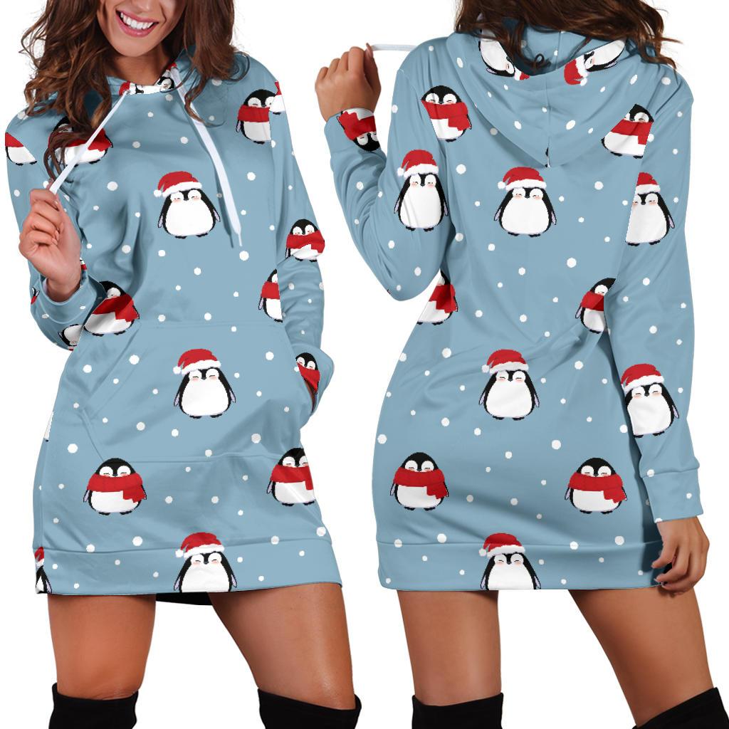 Cute Penguin Christmas Snow Pattern Women’S Hoodie Dress