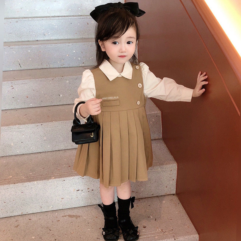 2021 Autumn Baby Girl Korean Fashion College Style Dress Fake Two Pleated Dresses alx