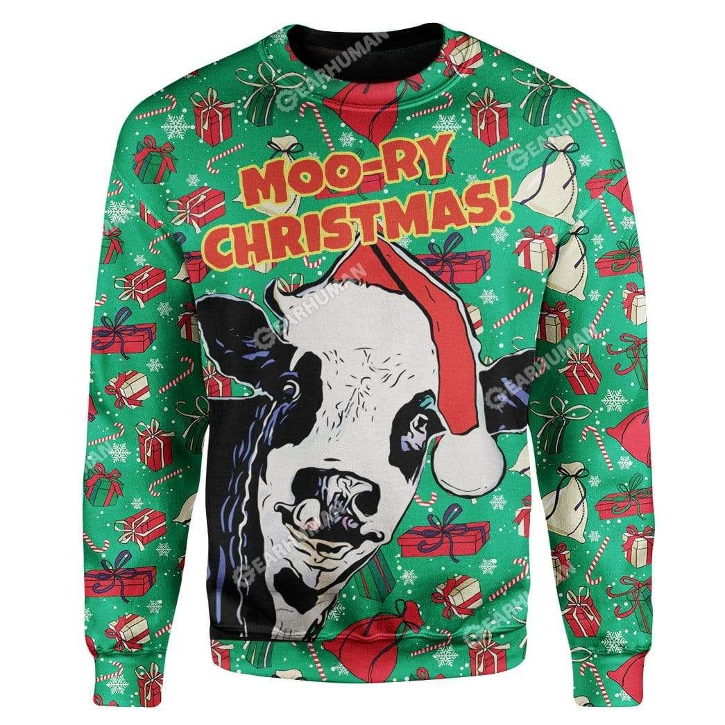 Gearhumans Ugly Moo-Ry Christmas Custom Sweater Apparel