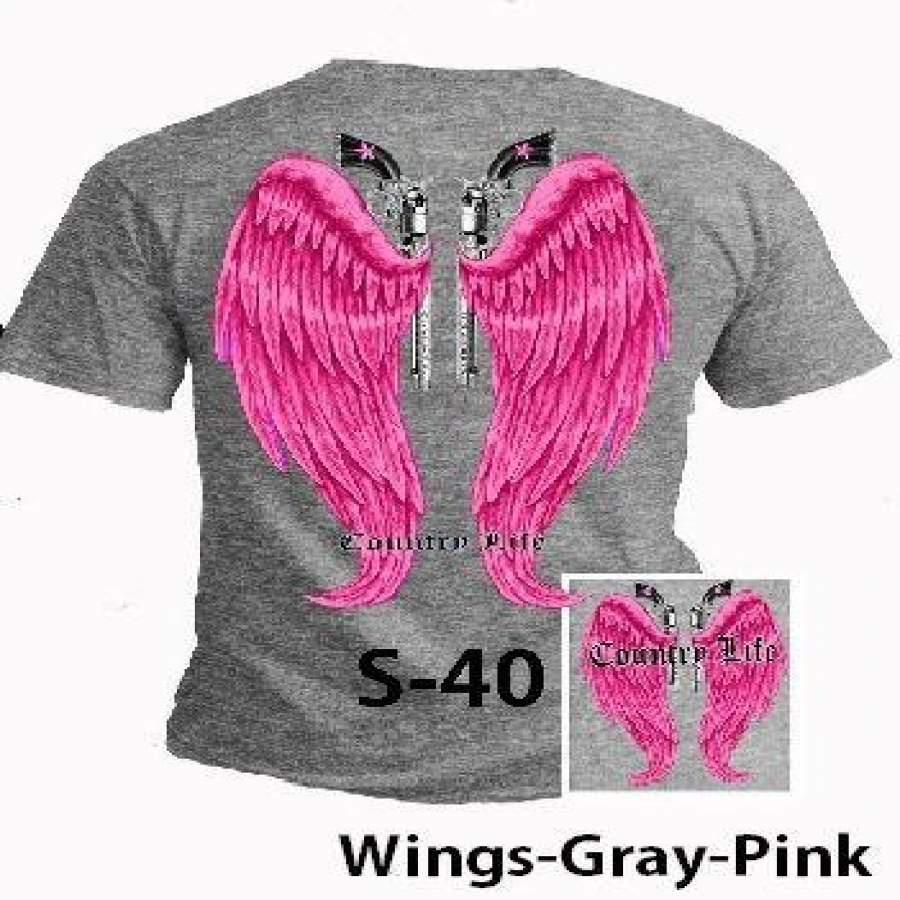 Country Life Outfitters Gray & Pink Wings Guns Vintage Girlie Bright T Shirt