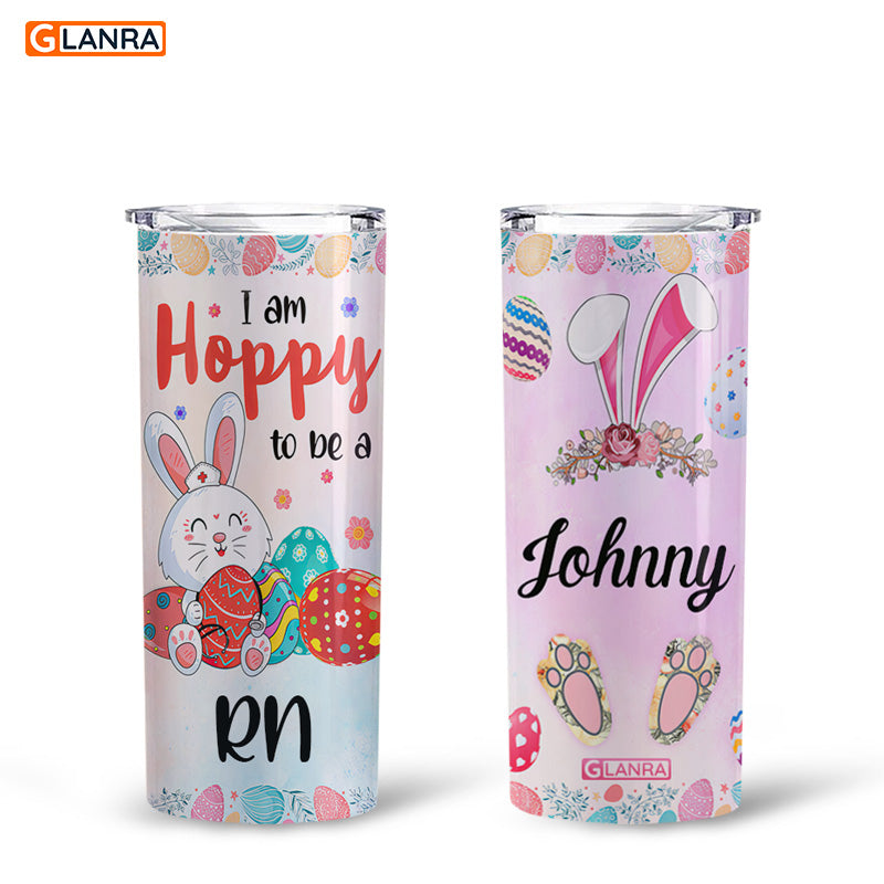 Personalized I’M Happy To Be A Rn Skinny Tumbler, Custom Bunny Nurse Skinny Tumbler, Stainless Steel, Water Bottle, Glitter, Metal, Insulated, Tumbler