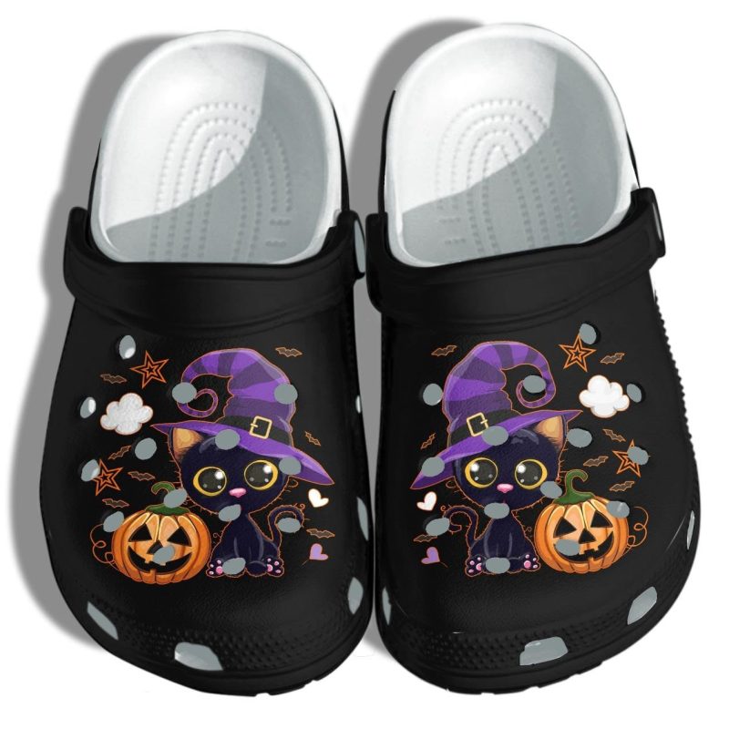 Black Cat And Pumpkin Halloween Shoes Clog Birthday Gift For Boy Girl