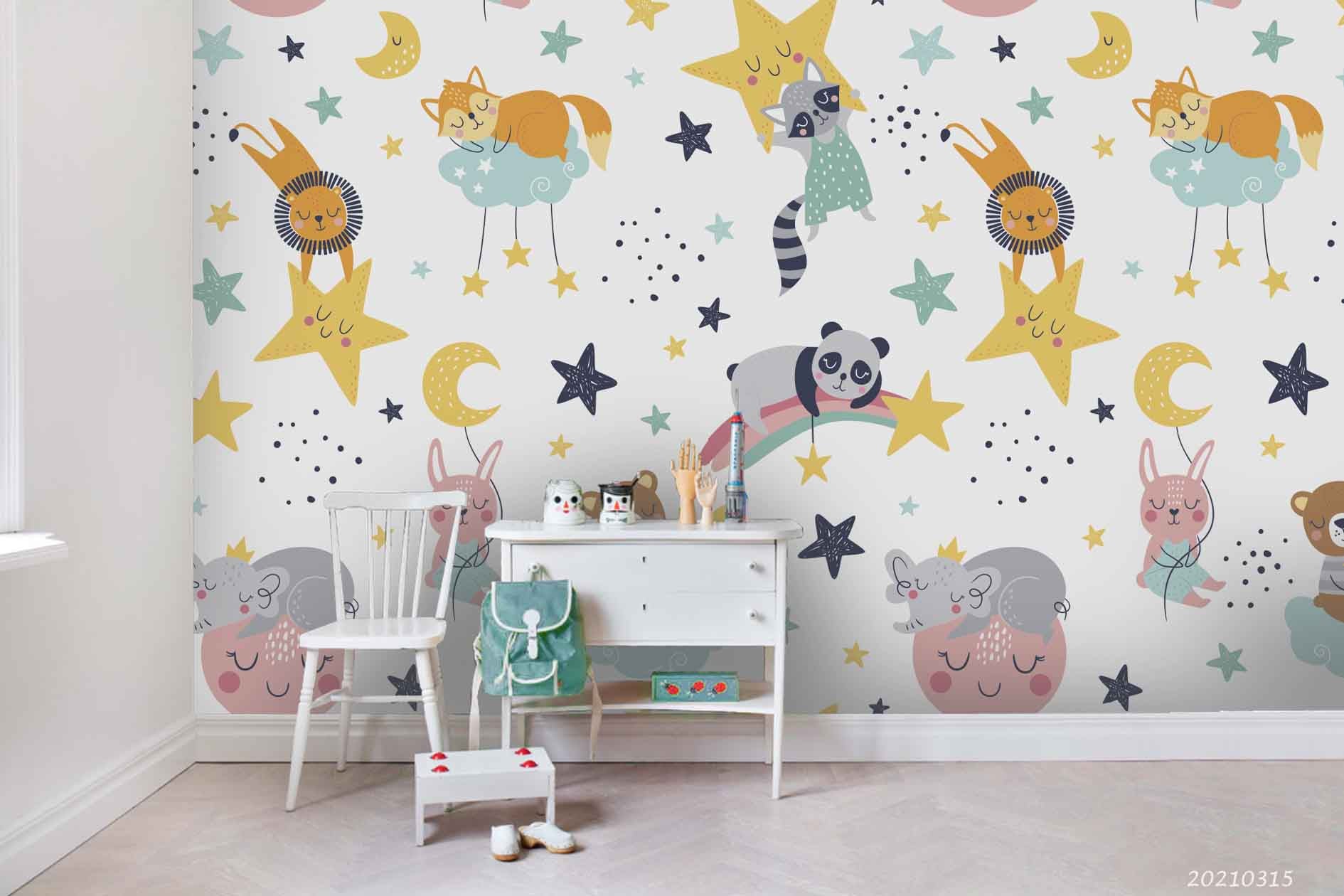 3D Cartoon Animal Star Moon Wall Mural Wallpaper Lqh 352