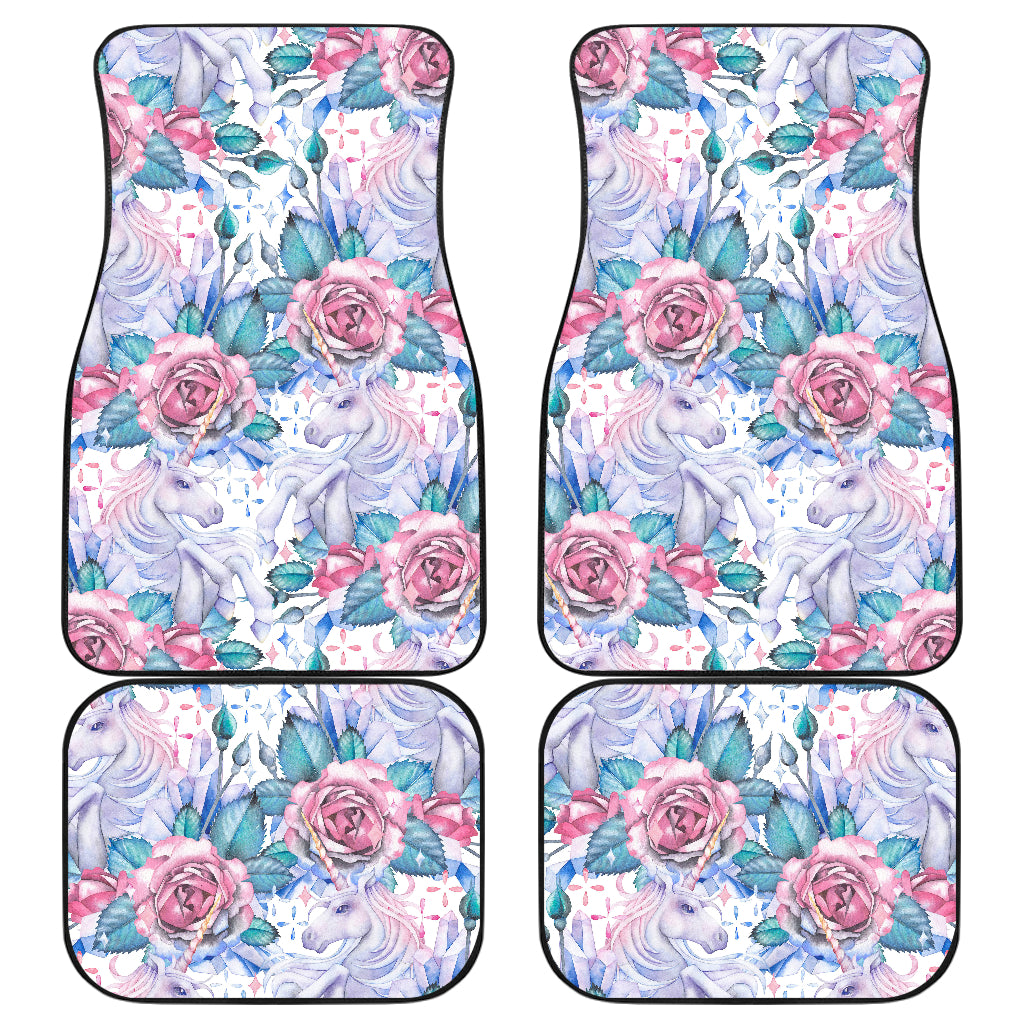 White Fairy Rose Unicorn Pattern Print Front And Back Car Floor Mats