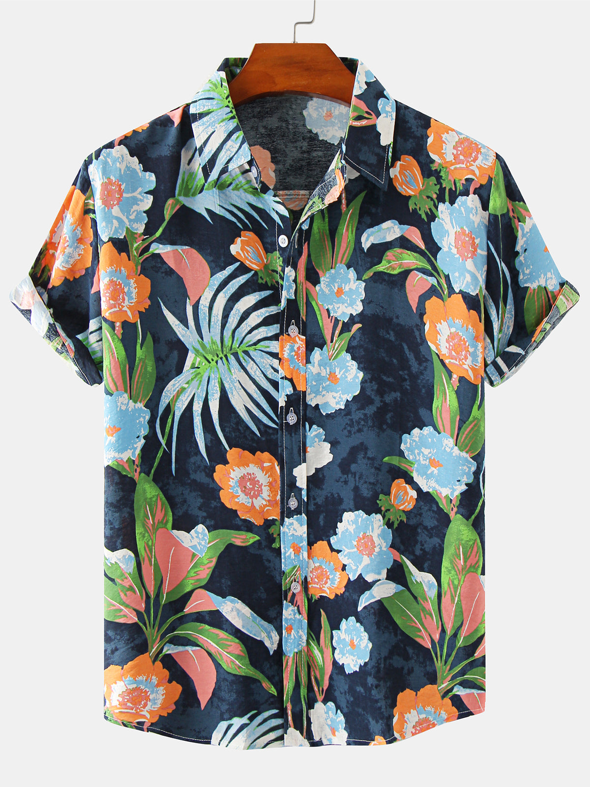 Floral Print Summer Tropical Navy Blue Hawaii Short Sleeve Shirt Ha21534