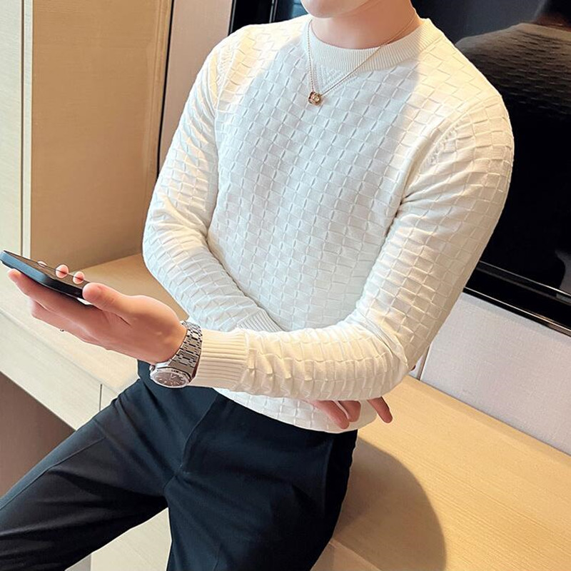 2022 New Winter Mens Casual O-Collar Pullover Men’s Long Sleeve Plaid Knitting Sweater Korean Style Fashion Warm Knitted Sweater alx