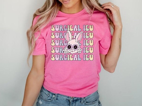 Retro SICU Easter T-Shirt, Groovy Surgical ICU Nurse Rn Tech Spring Bunny Shirt, Sticu Critical Care HUC Aid Tshirt, Happy Easter Gift