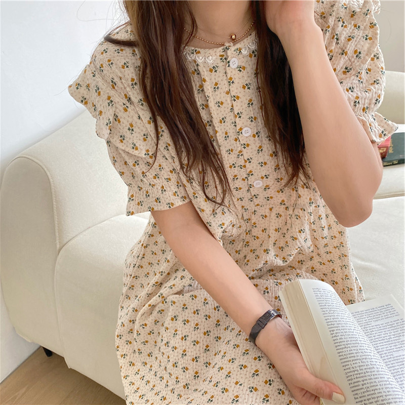 WIKISSPJS 2022 Summer New Korean Cotton Hemp Garden Small Broken Flower Comfortable Nightdress Holiday Dress Women Sleepwear alx