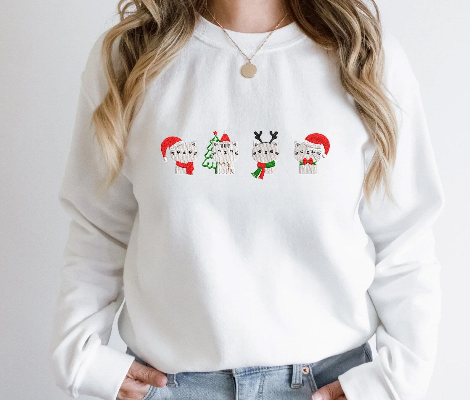 Cute Cat Christmas  Embroidered Sweatshirt 2D Crewneck Sweatshirt All Over Print Sweatshirt For Women Sweatshirt For Men Sws5321