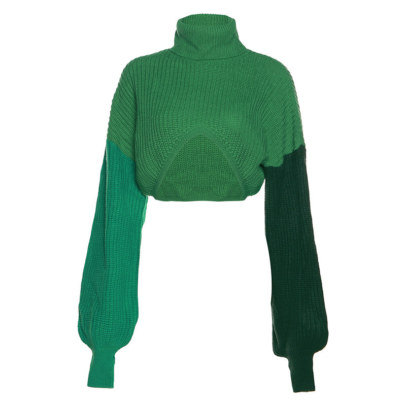 Women’s Turtleneck Cropped Knitted Sweater Thumb Hole Colorblock Patchwork Pullover Navel Lantern Sleeve Loose Jumper 2022 Fall alx