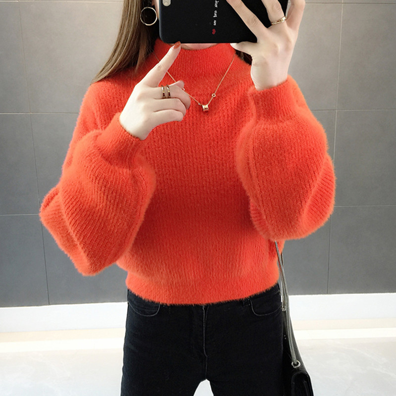 UHYTGF Women long sleeve sweaters Knit pullover turtleneck mink cashmere Winter sweater female High waist casual short tops 952 alx