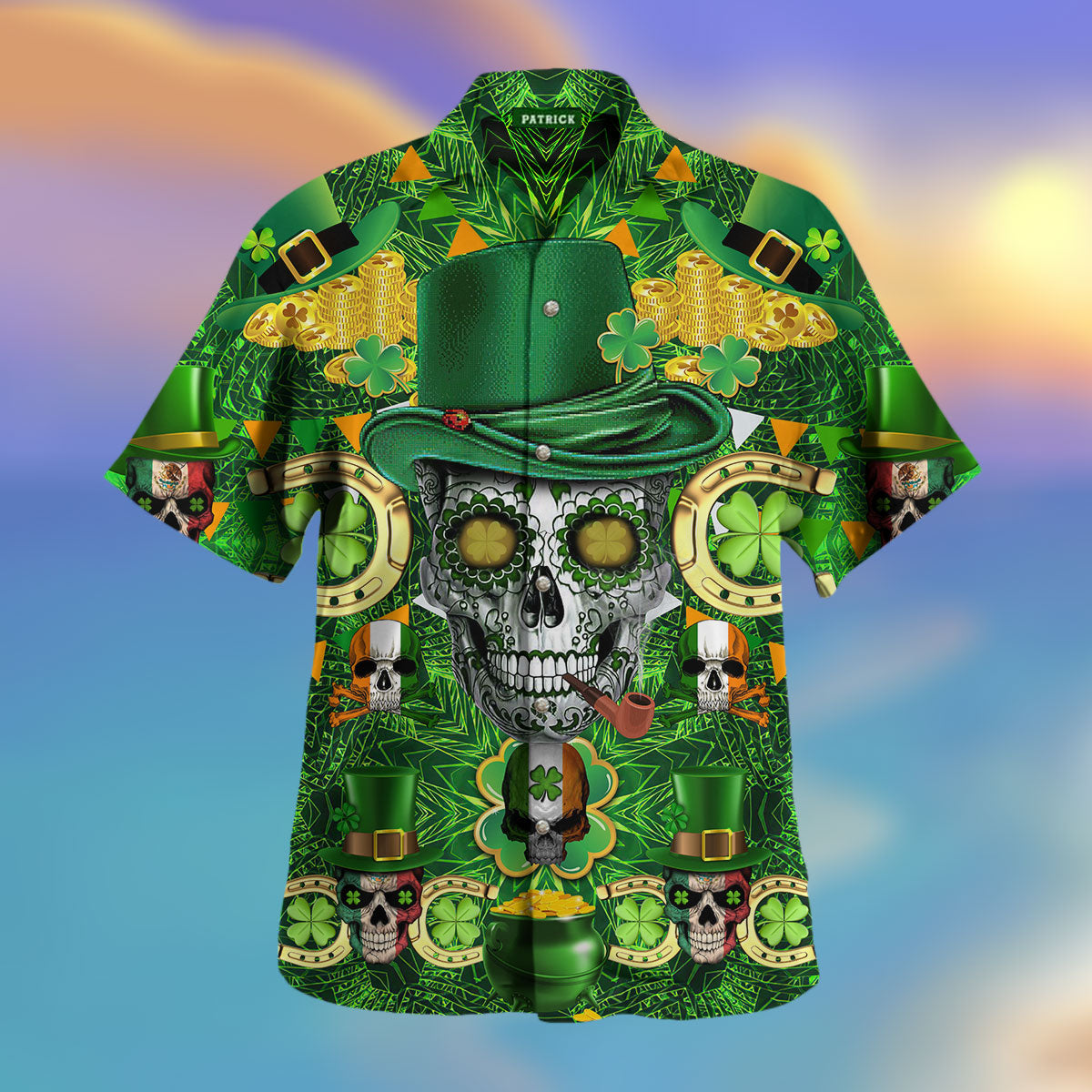 Irish Skull Rich Patrick Green Hawaii Unisex Print Aloha Short Sleeve Casual Shirt Ha30628